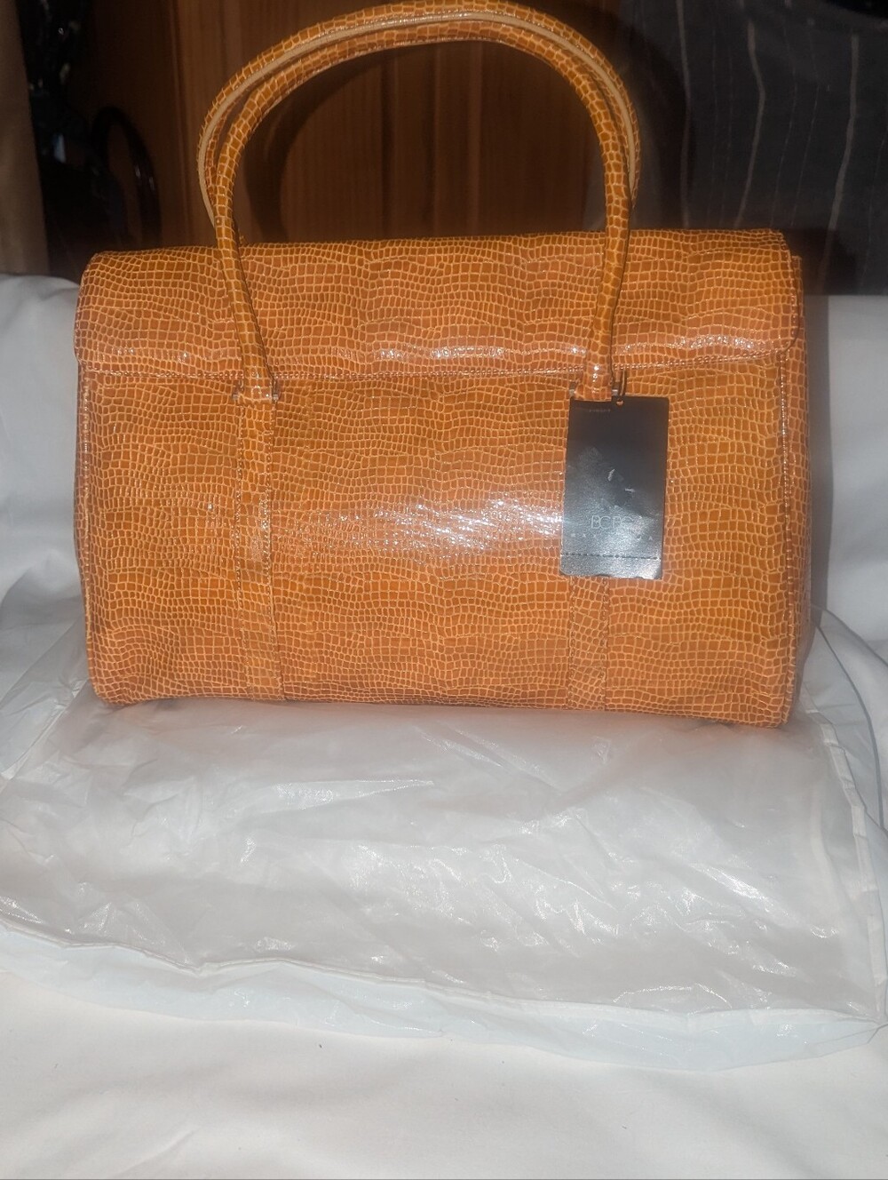 BCBGMaxAzria Amber Patent Lizard Embossed Italian Leather Satchel.NWT